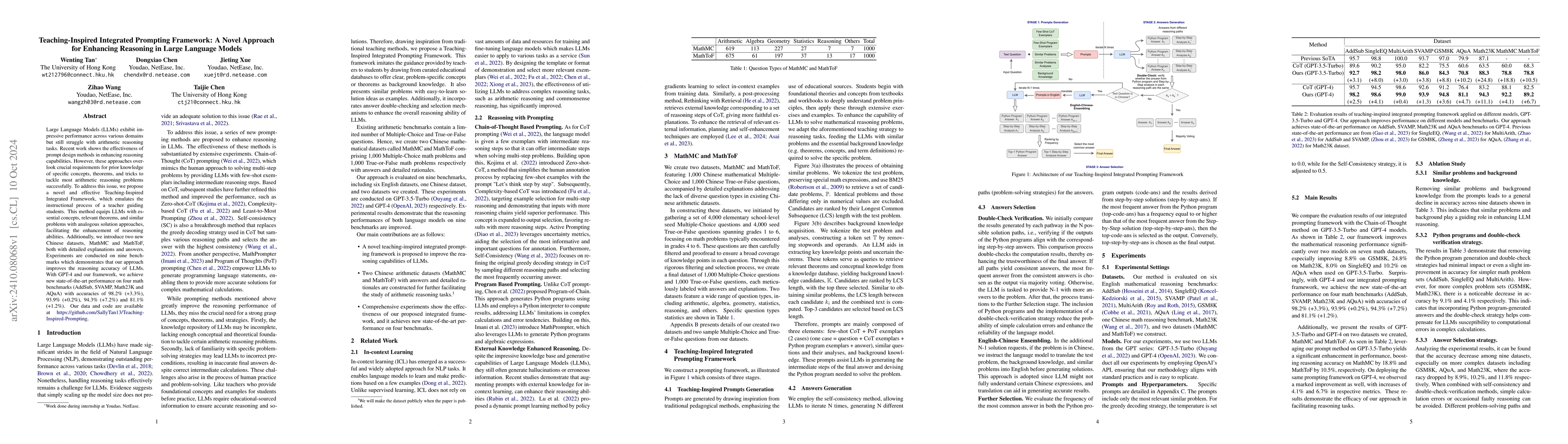 Thumbnail for Teaching-Inspired Integrated Prompting Framework: A Novel Approach for
  Enhancing Reasoning in Large Language Models