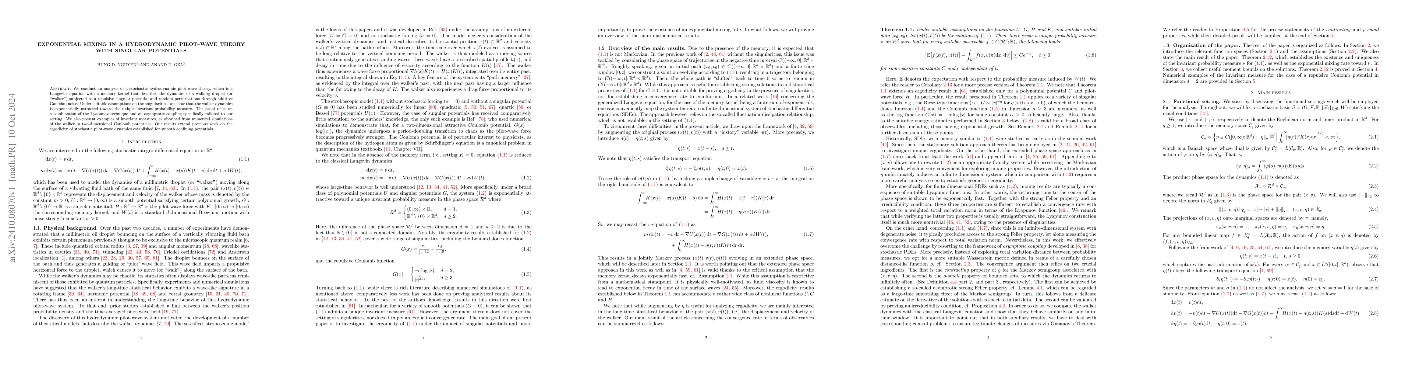 Thumbnail for Exponential mixing in a hydrodynamic pilot--wave theory with singular
  potentials