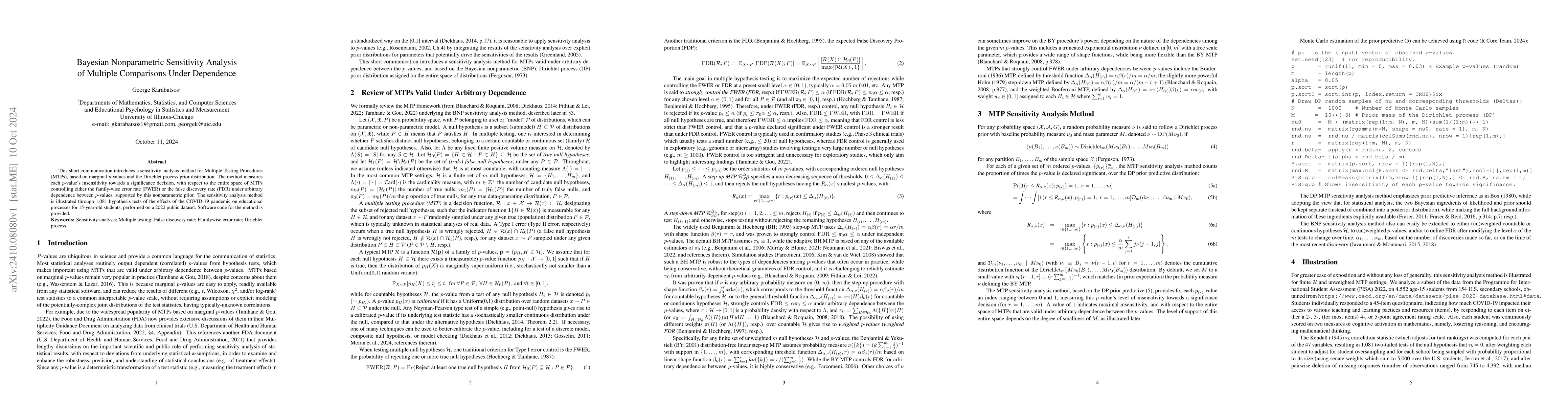 Thumbnail for Bayesian Nonparametric Sensitivity Analysis of Multiple Comparisons
  Under Dependence