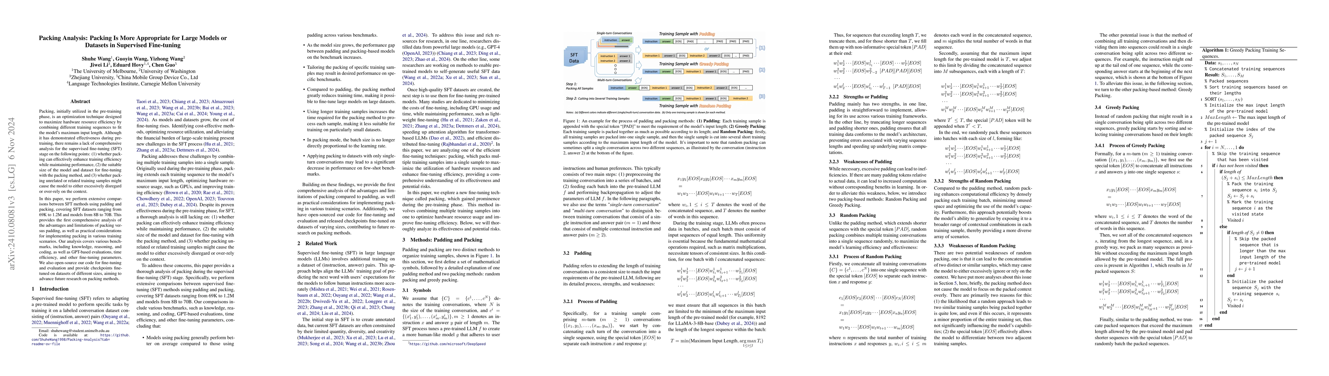 Thumbnail for Packing Analysis: Packing Is More Appropriate for Large Models or
  Datasets in Supervised Fine-tuning