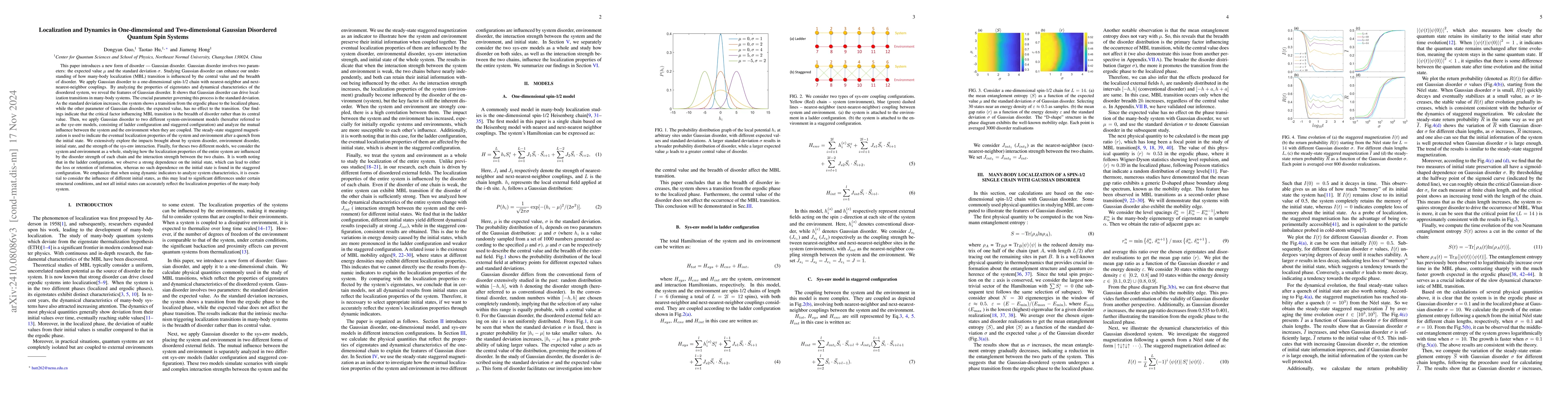 Thumbnail for Localization and Dynamics in One-dimensional and Two-dimensional
  Gaussian Disordered Quantum Spin Systems