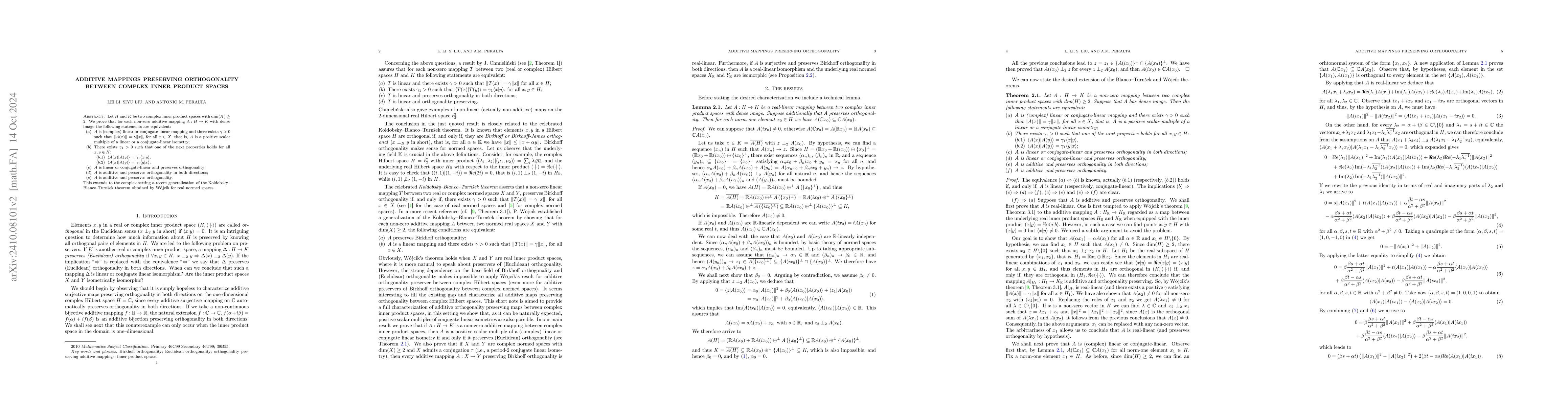 Thumbnail for Additive mappings preserving orthogonality between complex inner product
  spaces