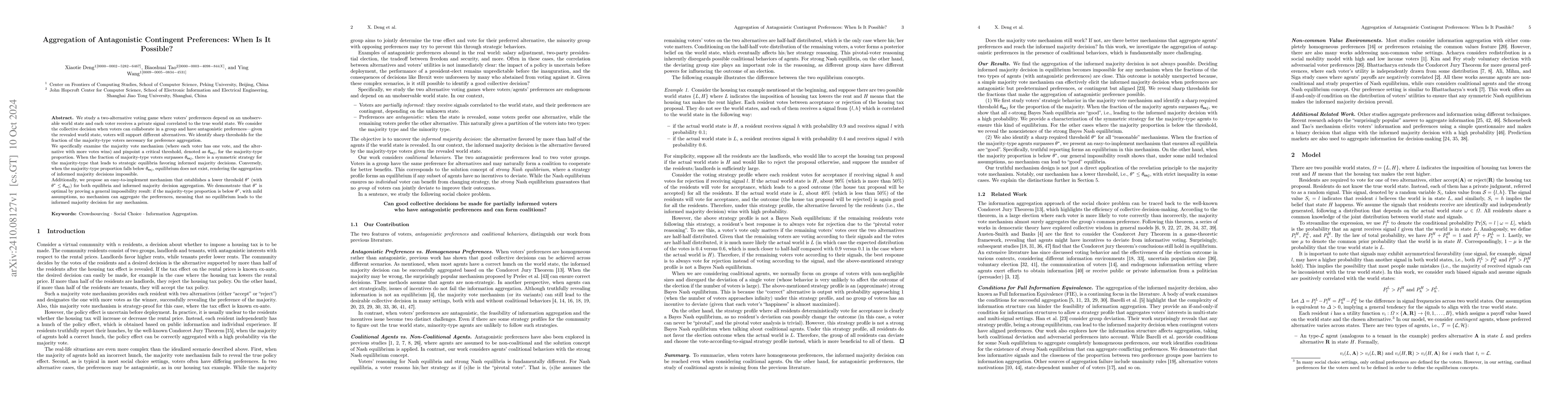 Thumbnail for Aggregation of Antagonistic Contingent Preferences: When Is It Possible?