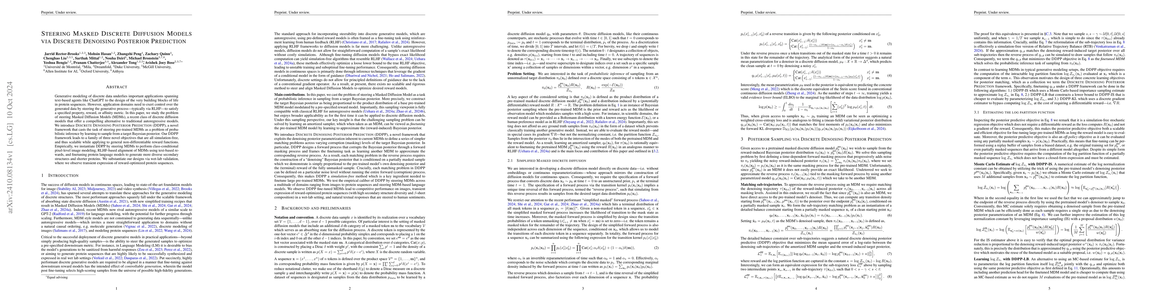 Thumbnail for Steering Masked Discrete Diffusion Models via Discrete Denoising
  Posterior Prediction