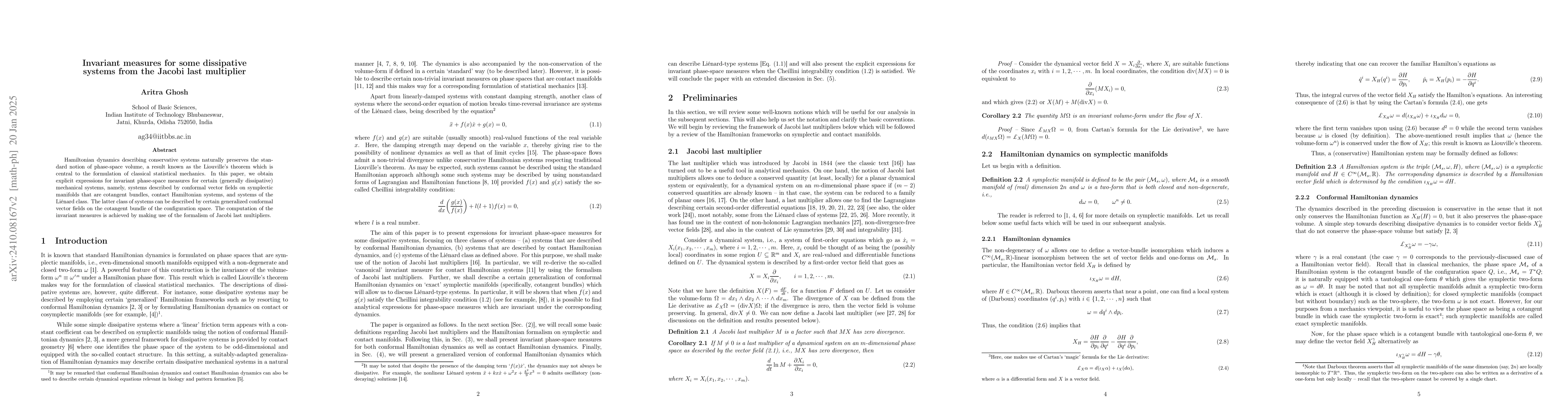 Thumbnail for Invariant measures for some dissipative systems from the Jacobi last
  multiplier