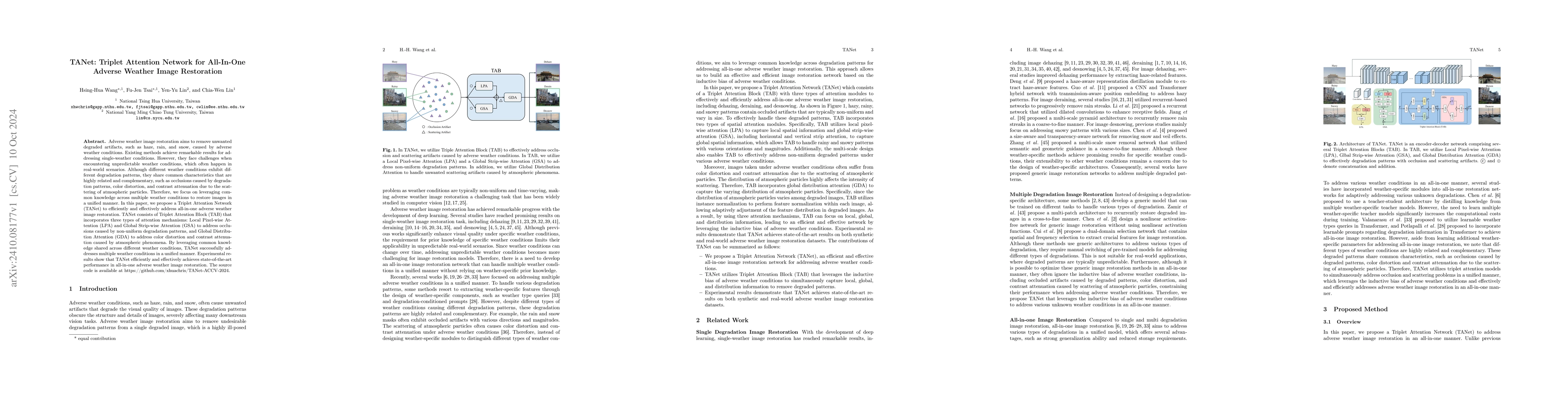 Thumbnail for TANet: Triplet Attention Network for All-In-One Adverse Weather Image
  Restoration