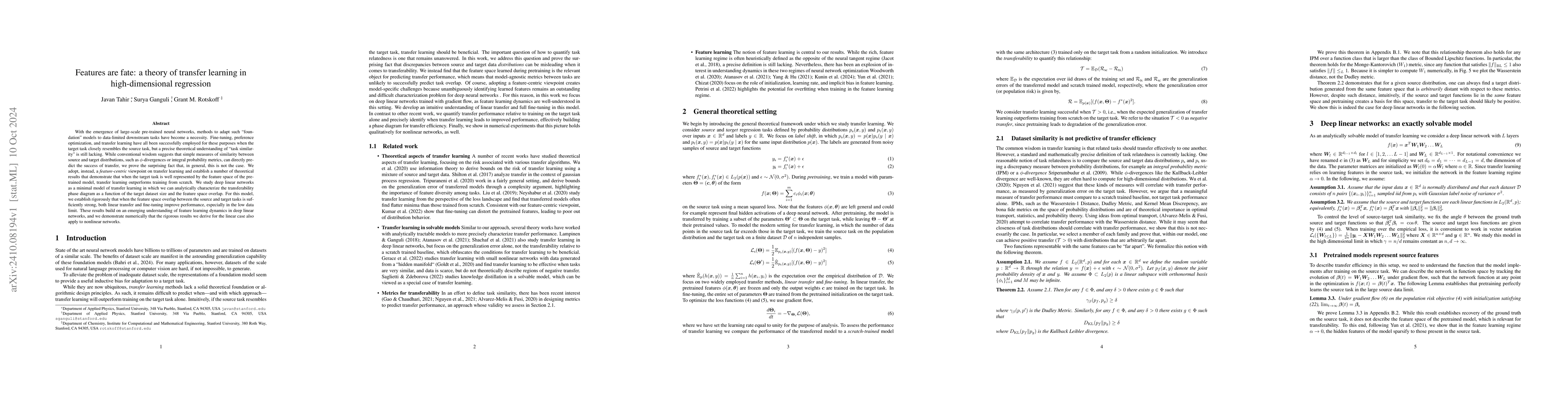 Thumbnail for Features are fate: a theory of transfer learning in high-dimensional
  regression