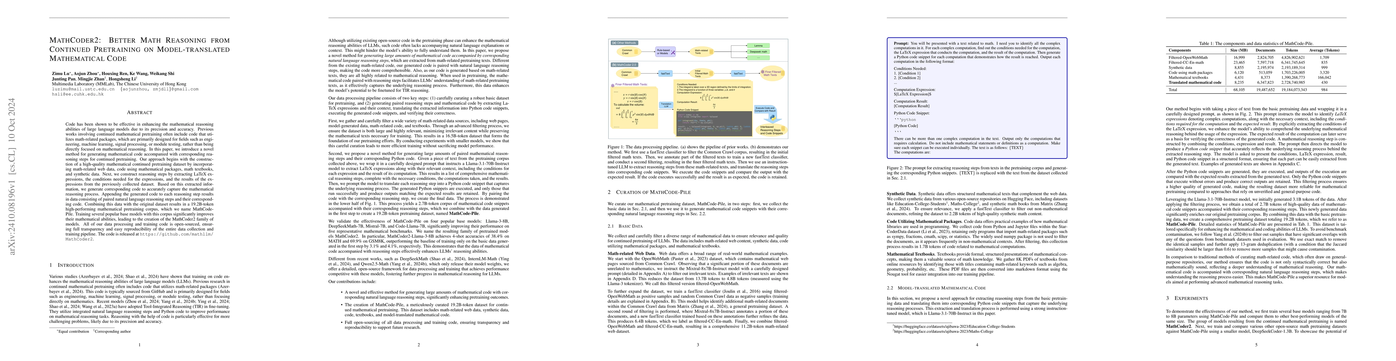 Thumbnail for MathCoder2: Better Math Reasoning from Continued Pretraining on
  Model-translated Mathematical Code