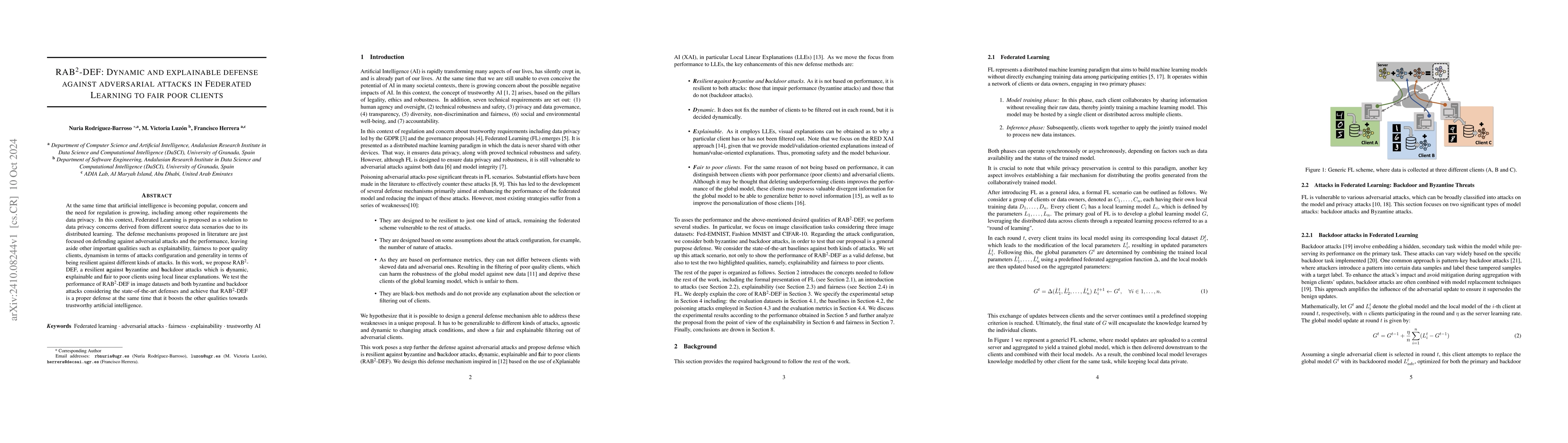 Thumbnail for RAB$^2$-DEF: Dynamic and explainable defense against adversarial attacks
  in Federated Learning to fair poor clients