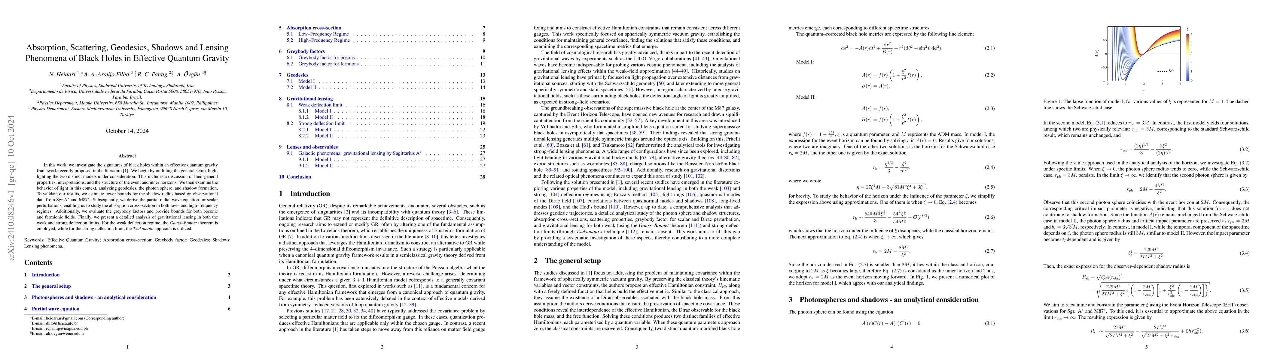 Thumbnail for Absorption, Scattering, Geodesics, Shadows and Lensing Phenomena of
  Black Holes in Effective Quantum Gravity