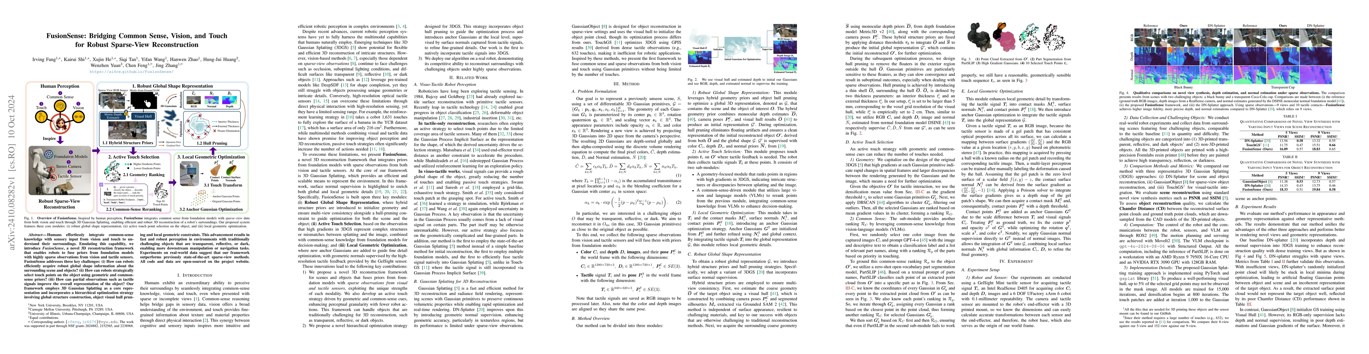 Thumbnail for FusionSense: Bridging Common Sense, Vision, and Touch for Robust
  Sparse-View Reconstruction