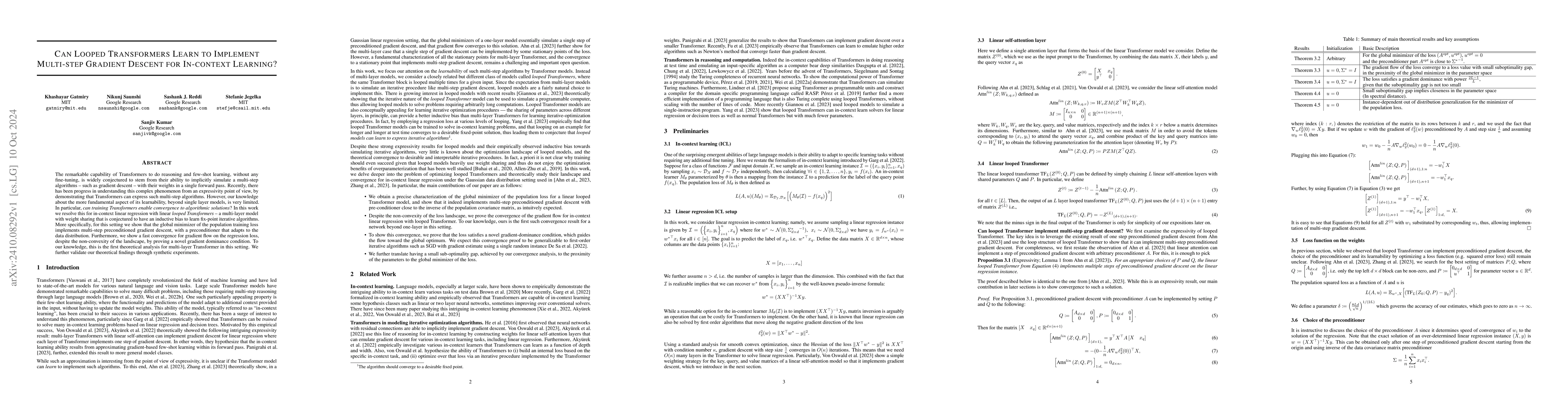 Thumbnail for Can Looped Transformers Learn to Implement Multi-step Gradient Descent
  for In-context Learning?
