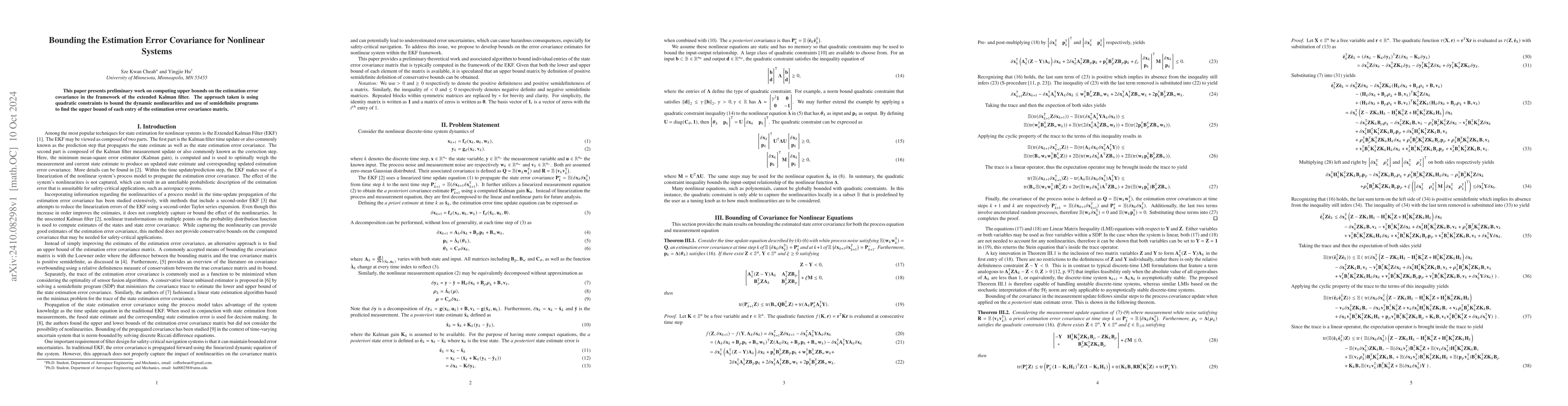 Thumbnail for Bounding the Estimation Error Covariance for Nonlinear Systems