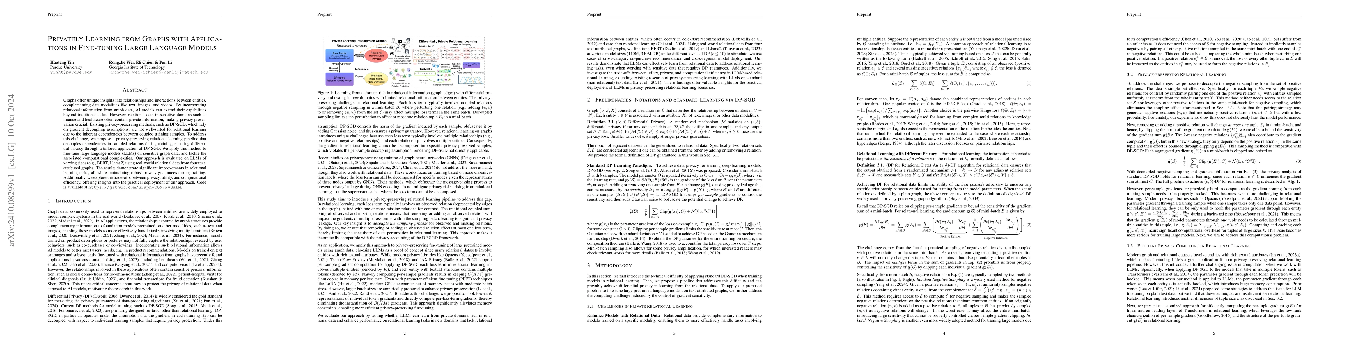 Thumbnail for Privately Learning from Graphs with Applications in Fine-tuning Large
  Language Models