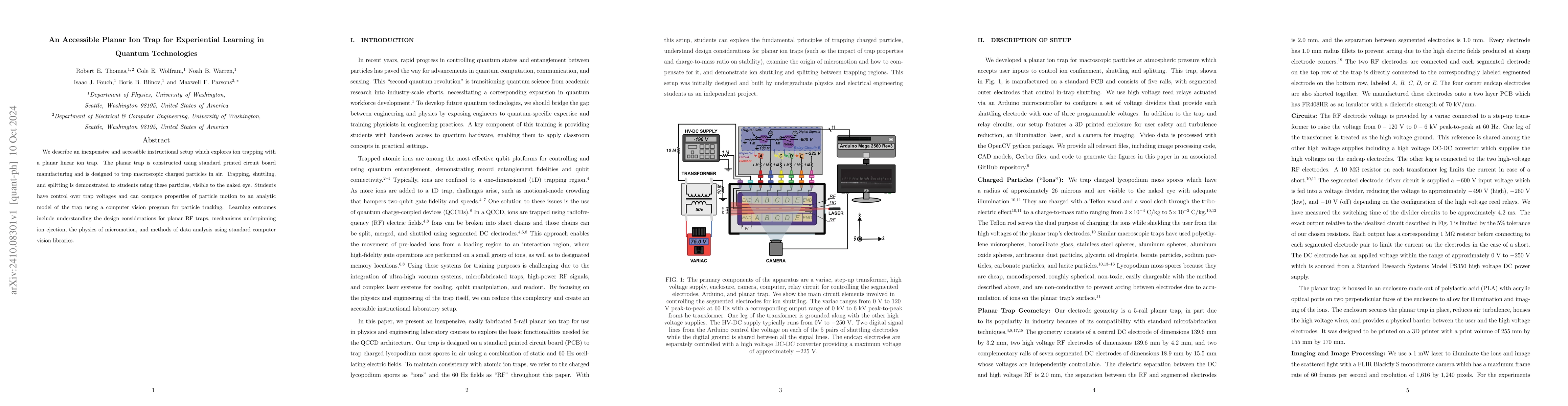 Thumbnail for An Accessible Planar Ion Trap for Experiential Learning in Quantum
  Technologies