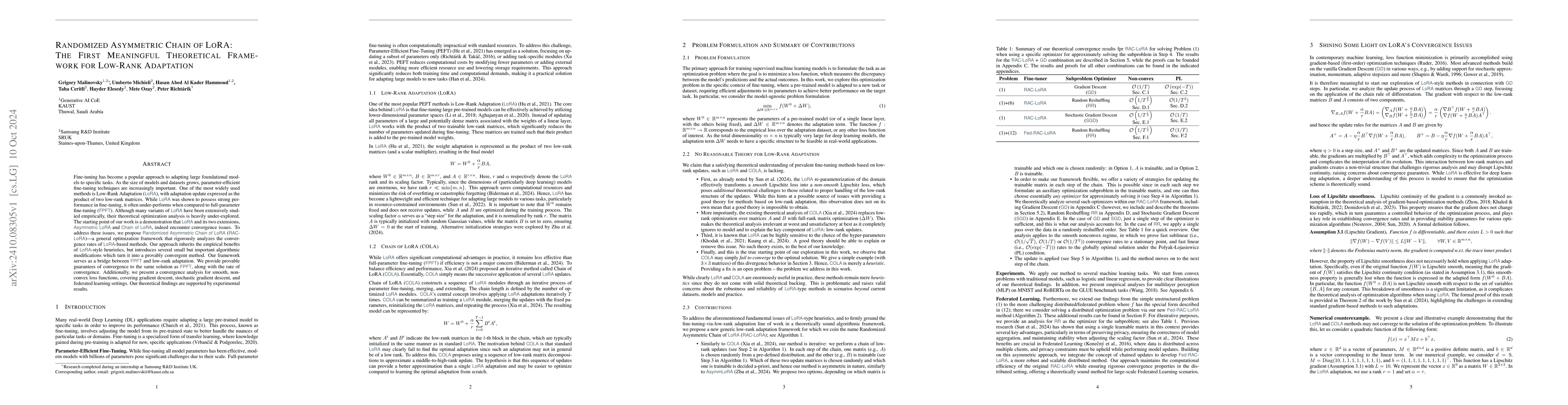 Thumbnail for Randomized Asymmetric Chain of LoRA: The First Meaningful Theoretical
  Framework for Low-Rank Adaptation