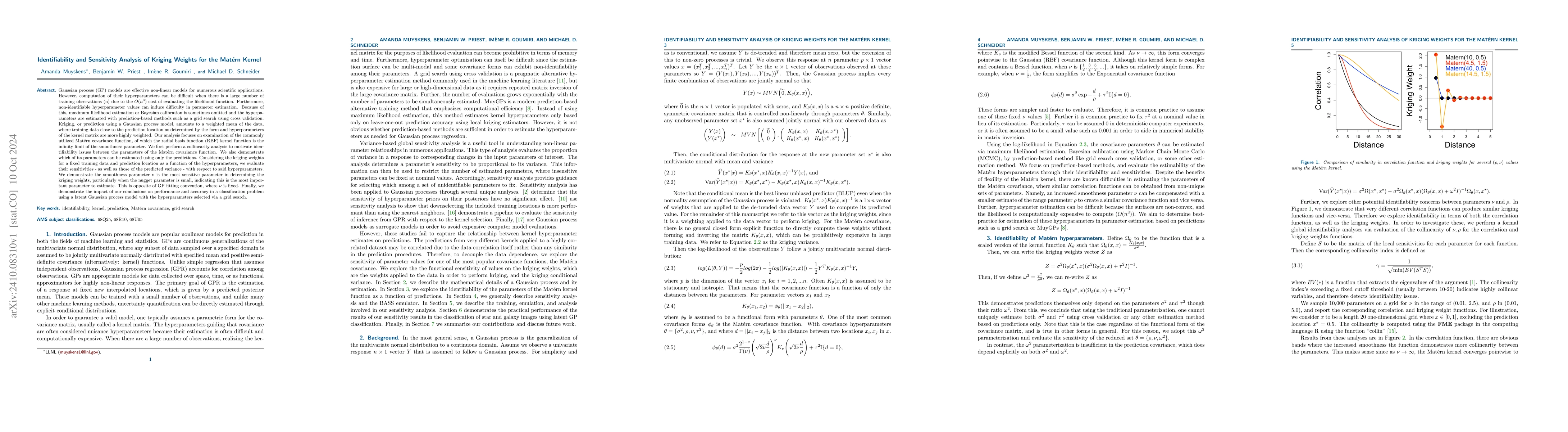 Thumbnail for Identifiability and Sensitivity Analysis of Kriging Weights for the
  Matern Kernel
