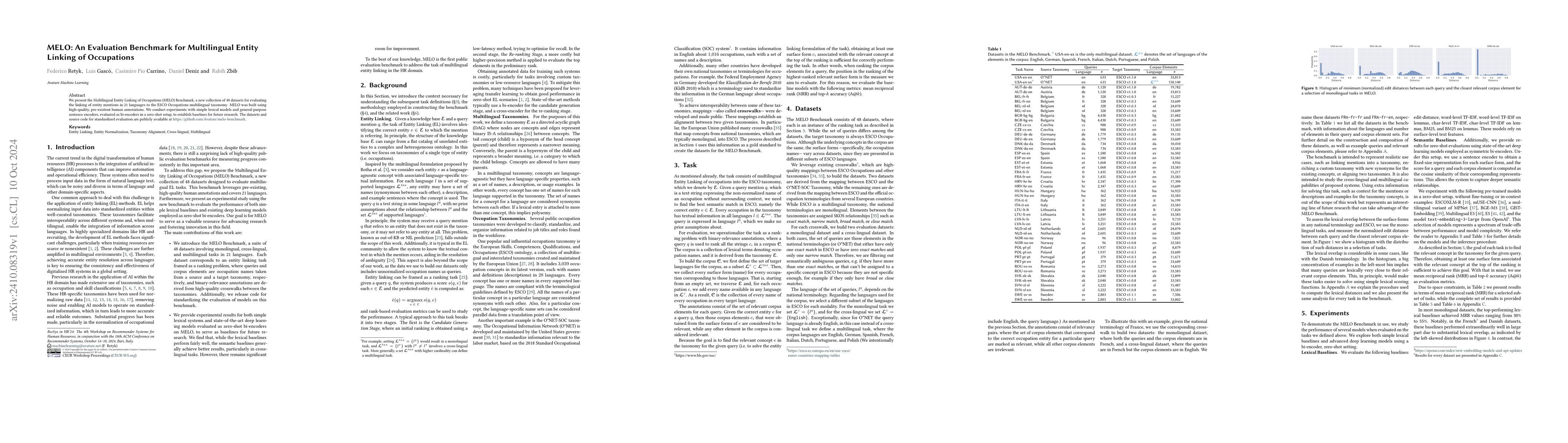 Thumbnail for MELO: An Evaluation Benchmark for Multilingual Entity Linking of
  Occupations