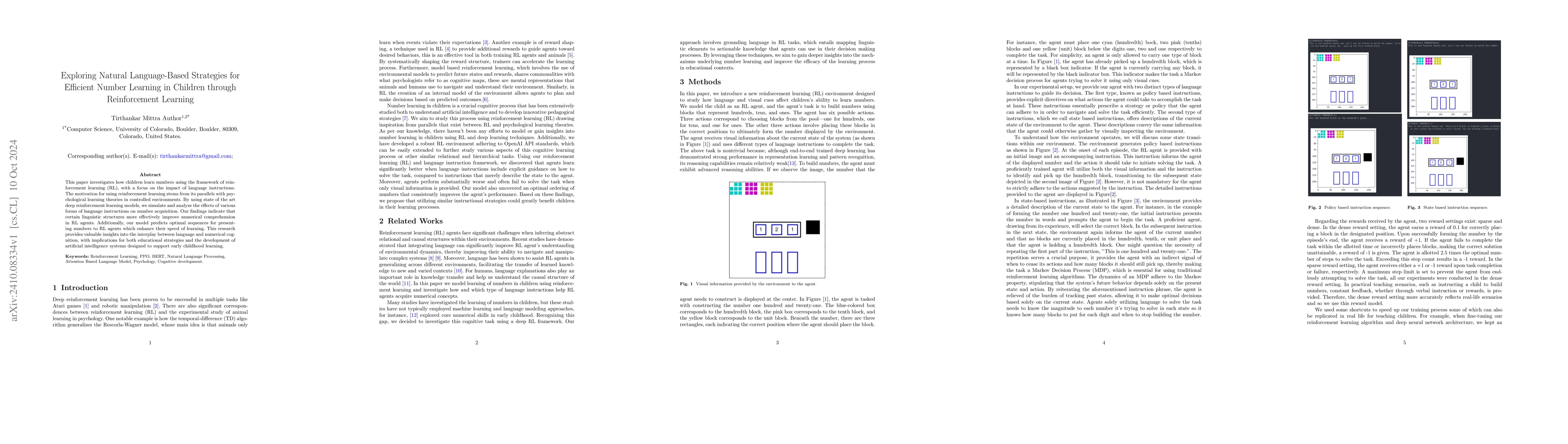 Thumbnail for Exploring Natural Language-Based Strategies for Efficient Number
  Learning in Children through Reinforcement Learning