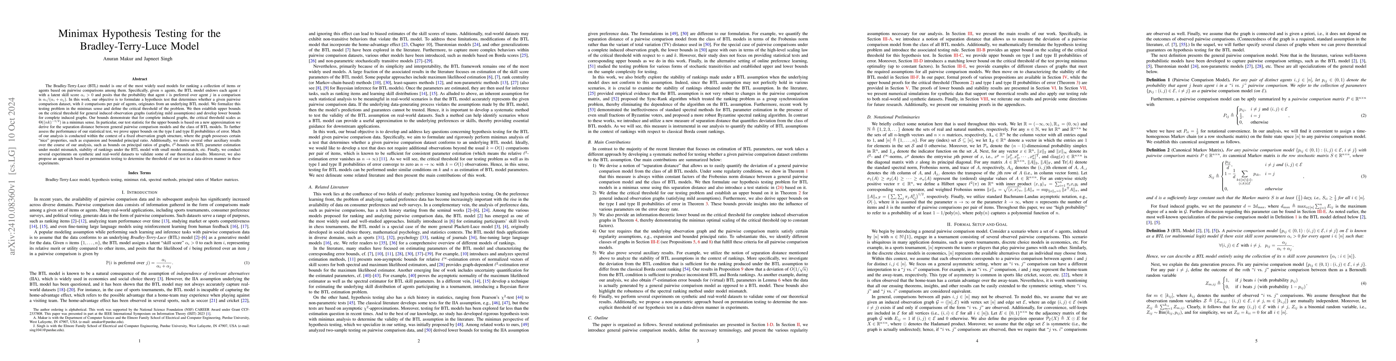 Thumbnail for Minimax Hypothesis Testing for the Bradley-Terry-Luce Model