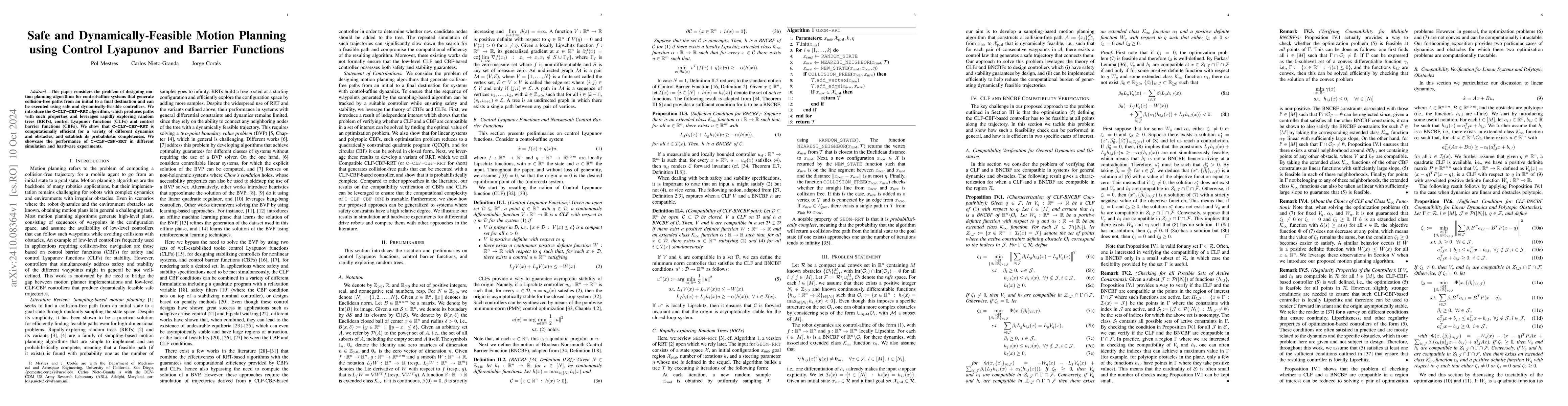 Thumbnail for Safe and Dynamically-Feasible Motion Planning using Control Lyapunov and
  Barrier Functions