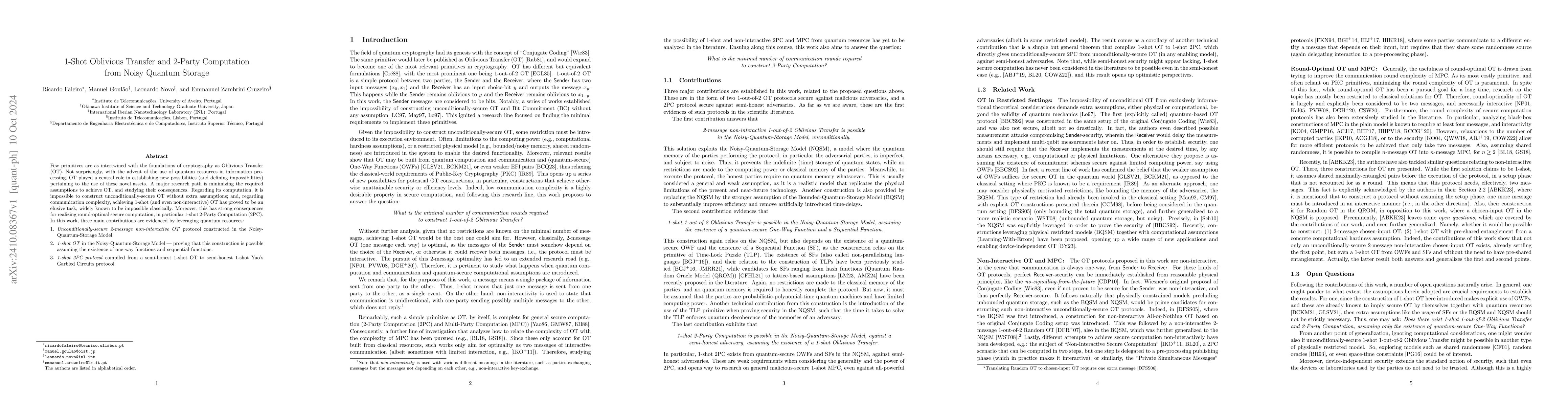 Thumbnail for 1-Shot Oblivious Transfer and 2-Party Computation from Noisy Quantum
  Storage
