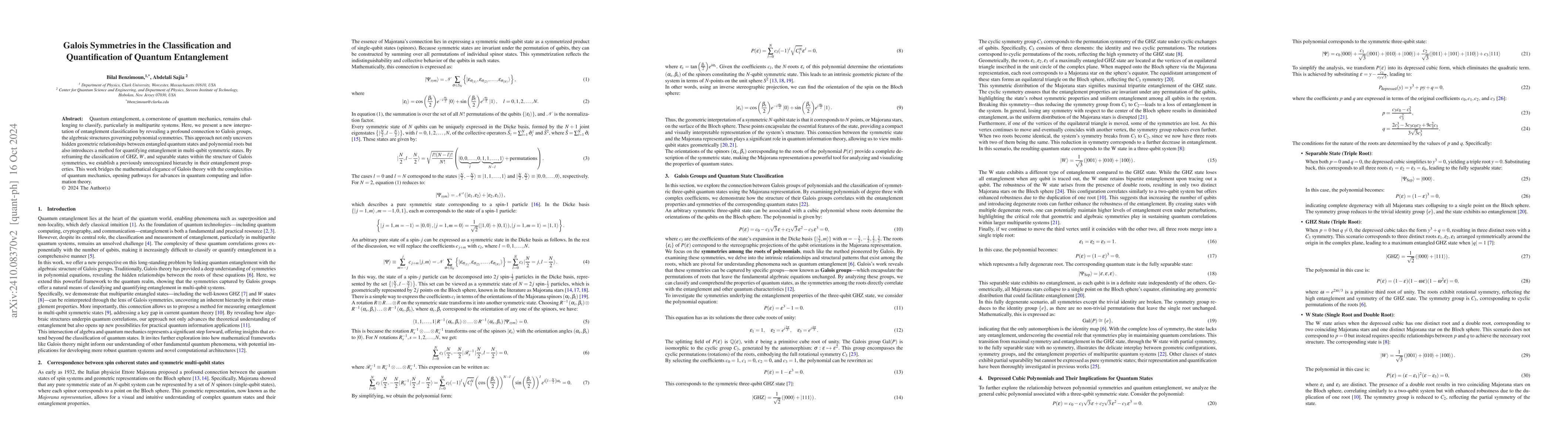 Thumbnail for Galois Symmetries in the Classification and Quantification of Quantum
  Entanglement