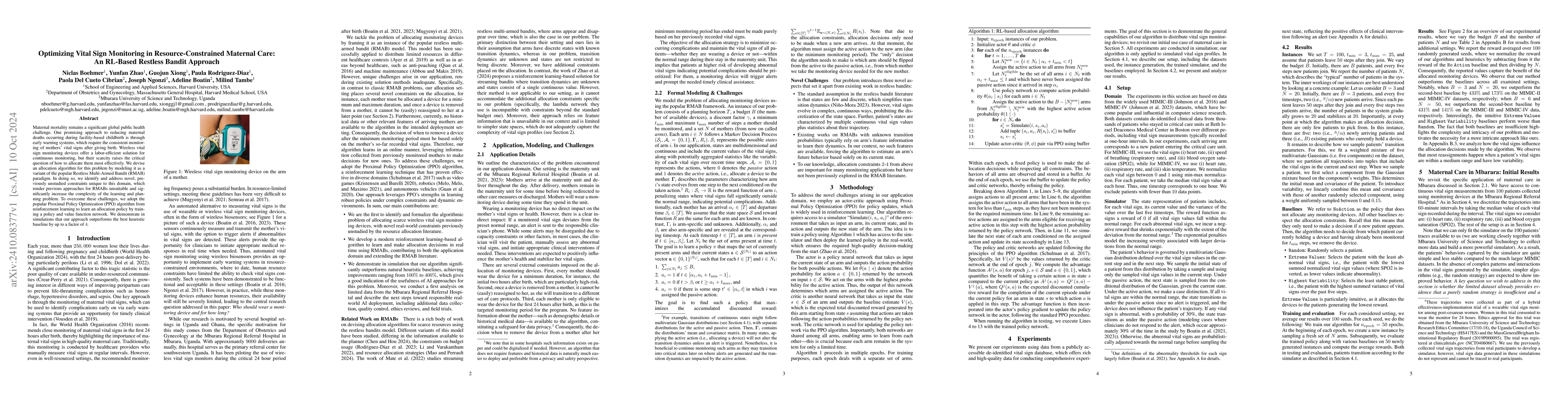 Thumbnail for Optimizing Vital Sign Monitoring in Resource-Constrained Maternal Care:
  An RL-Based Restless Bandit Approach