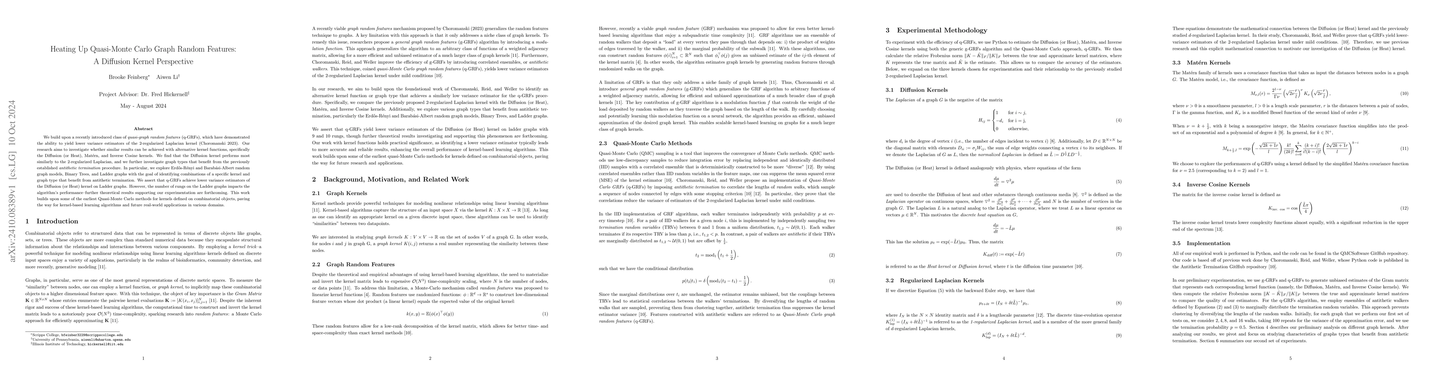 Thumbnail for Heating Up Quasi-Monte Carlo Graph Random Features: A Diffusion Kernel
  Perspective