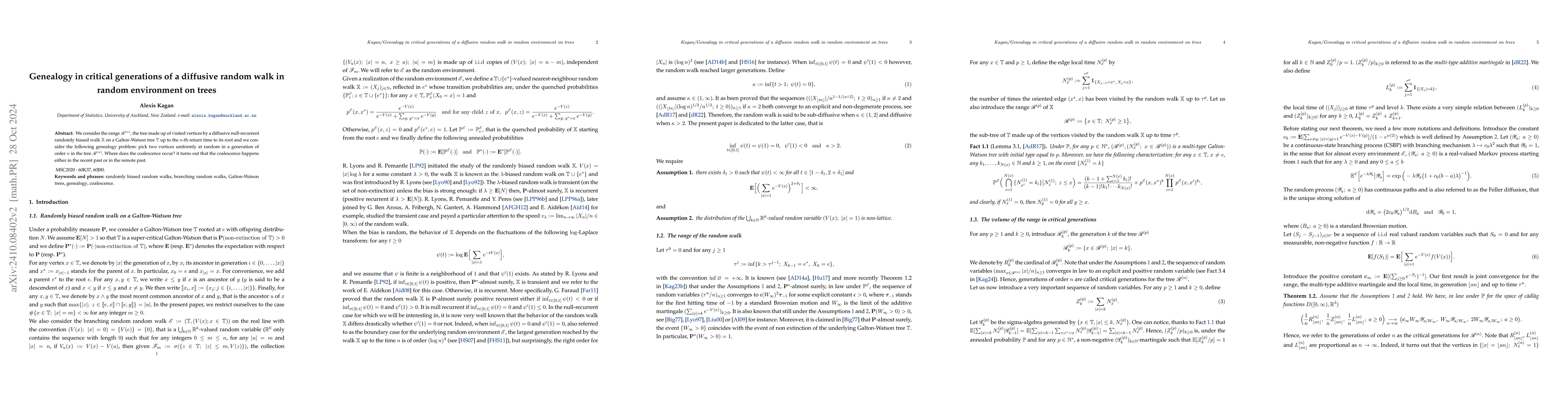 Thumbnail for Genealogy in critical generations of a diffusive random walk in random
  environment on trees