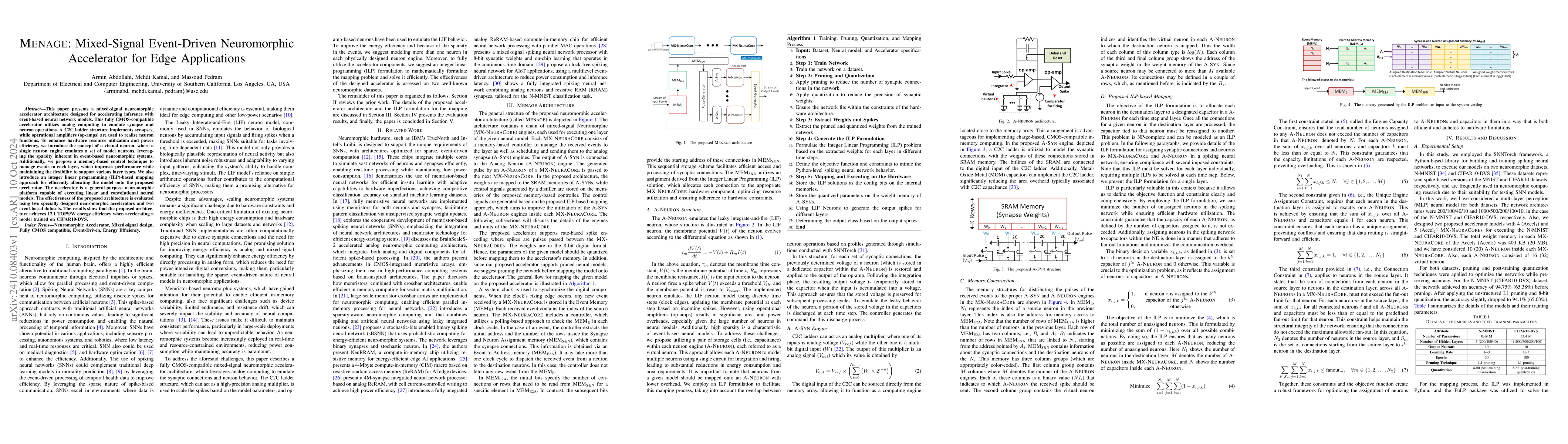 Thumbnail for MENAGE: Mixed-Signal Event-Driven Neuromorphic Accelerator for Edge
  Applications