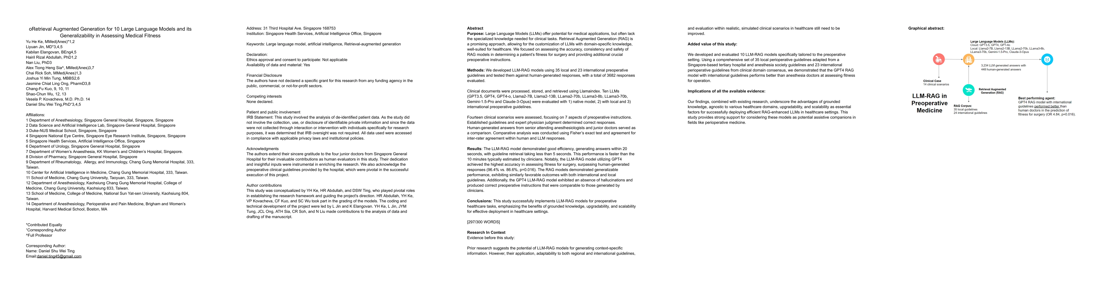 Thumbnail for oRetrieval Augmented Generation for 10 Large Language Models and its
  Generalizability in Assessing Medical Fitness