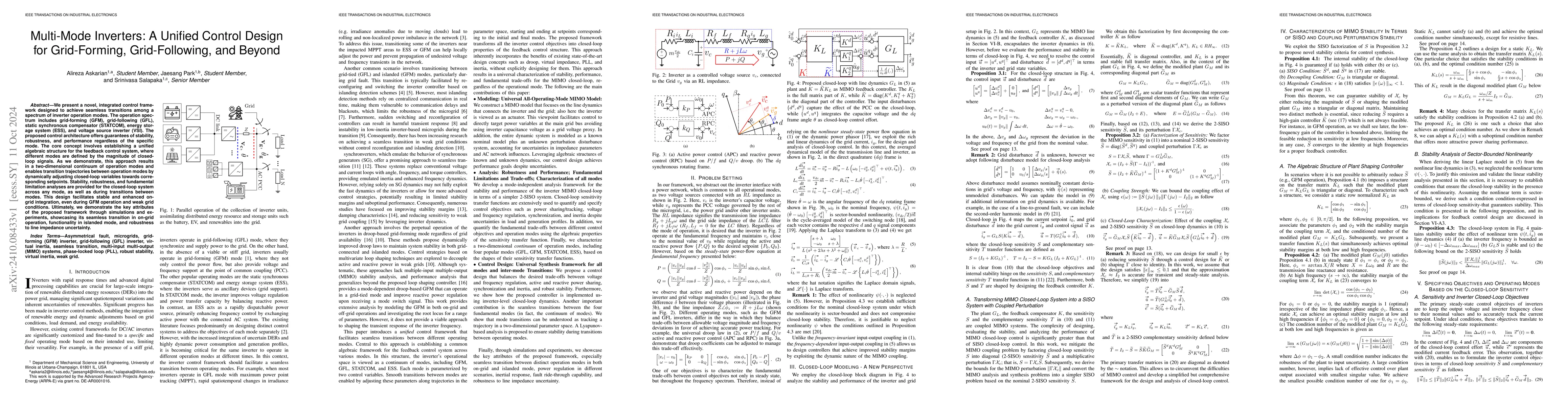 Thumbnail for Multi-Mode Inverters: A Unified Control Design for Grid-Forming,
  Grid-Following, and Beyond