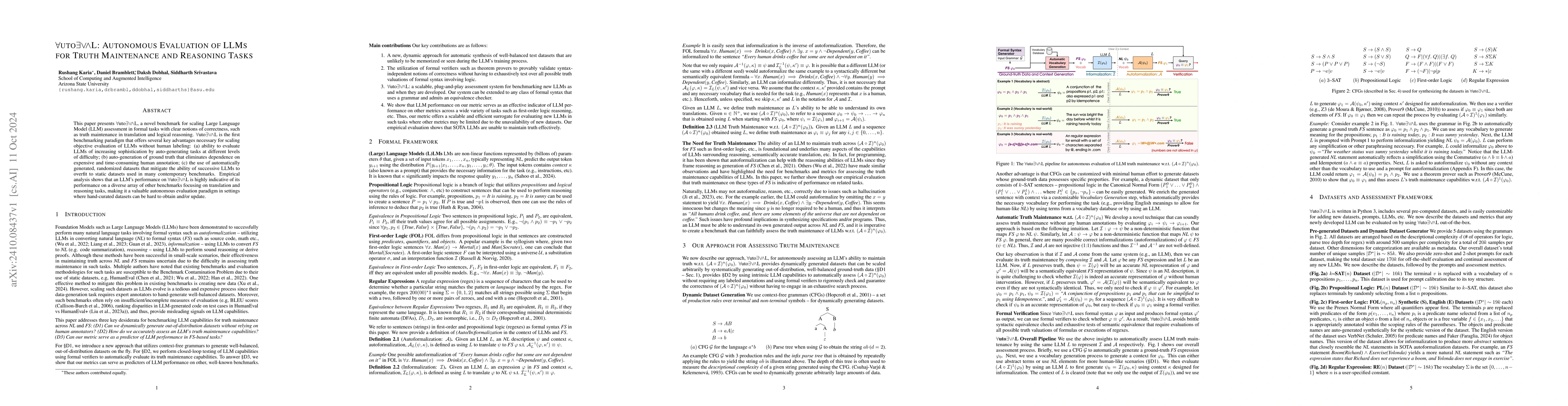 Thumbnail for $\forall$uto$\exists$$\lor\!\land$L: Autonomous Evaluation of LLMs for
  Truth Maintenance and Reasoning Tasks