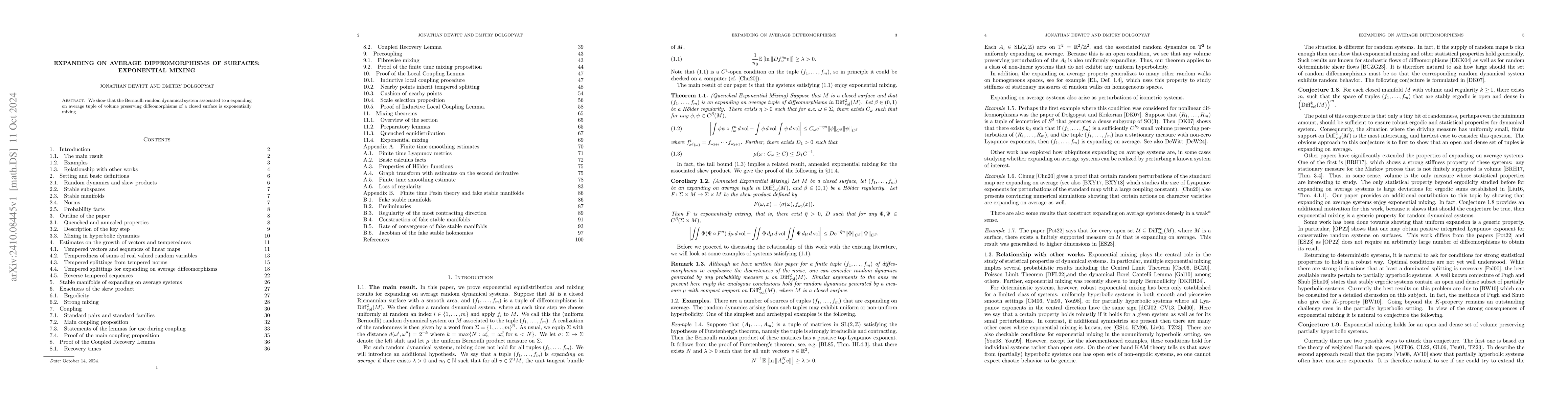 Thumbnail for Expanding on average diffeomorphisms of surfaces: exponential mixing
