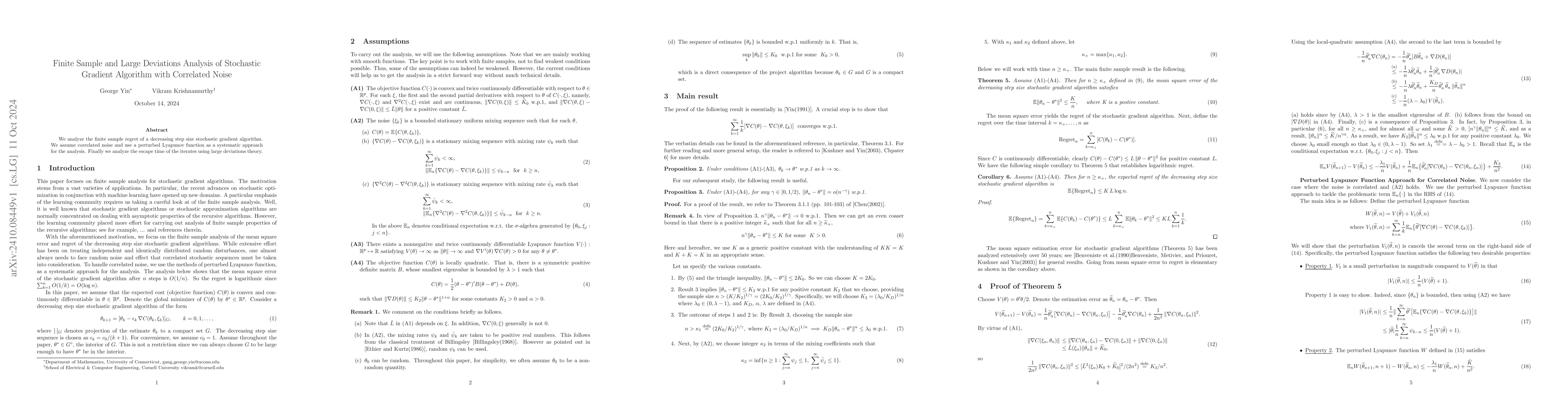 Thumbnail for Finite Sample and Large Deviations Analysis of Stochastic Gradient
  Algorithm with Correlated Noise