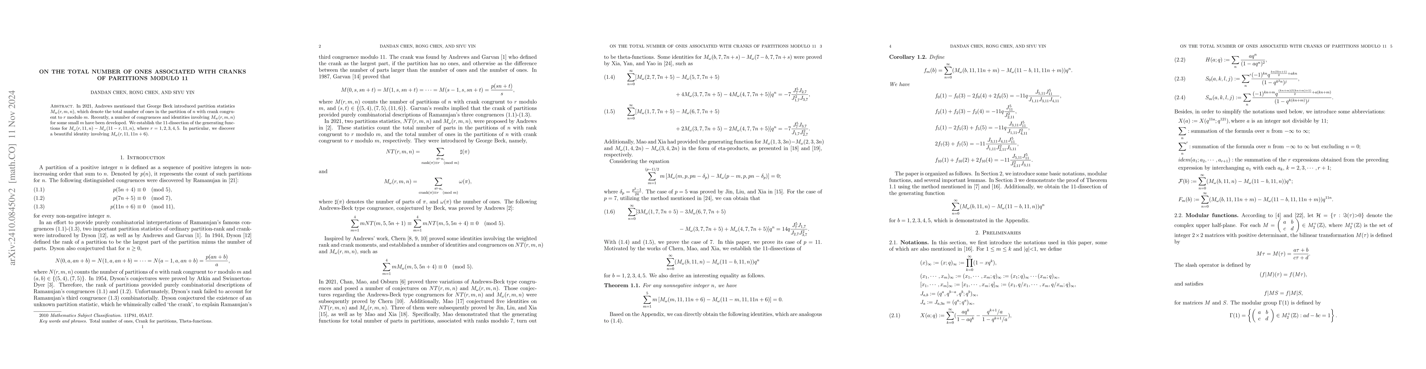 Thumbnail for On the total number of ones associated with cranks of partitions modulo
  11