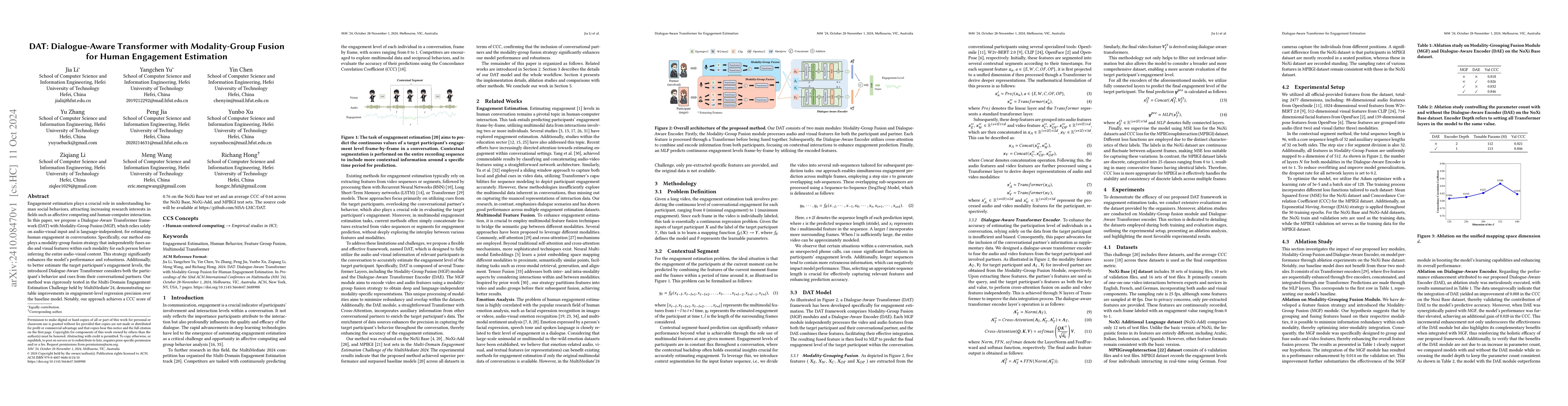 Thumbnail for DAT: Dialogue-Aware Transformer with Modality-Group Fusion for Human
  Engagement Estimation