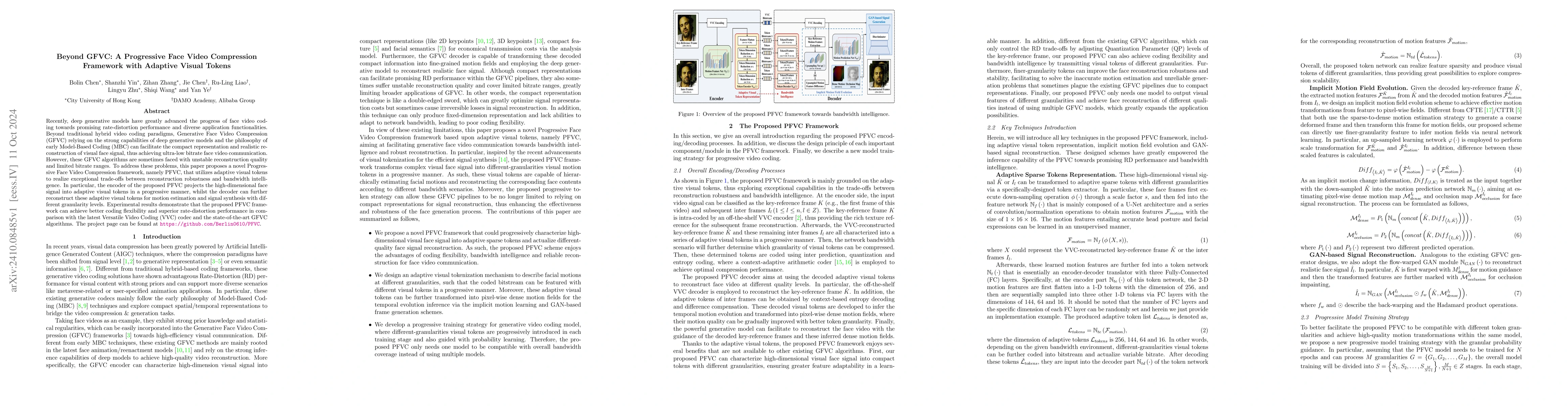 Thumbnail for Beyond GFVC: A Progressive Face Video Compression Framework with
  Adaptive Visual Tokens