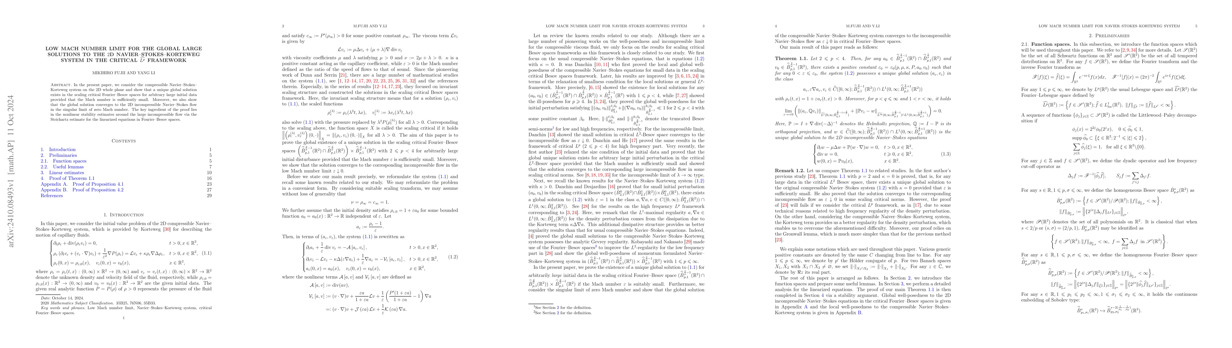 Thumbnail for Low Mach number limit for the global large solutions to the $2$D
  Navier--Stokes--Korteweg system in the critical $\widehat{L^p}$ framework