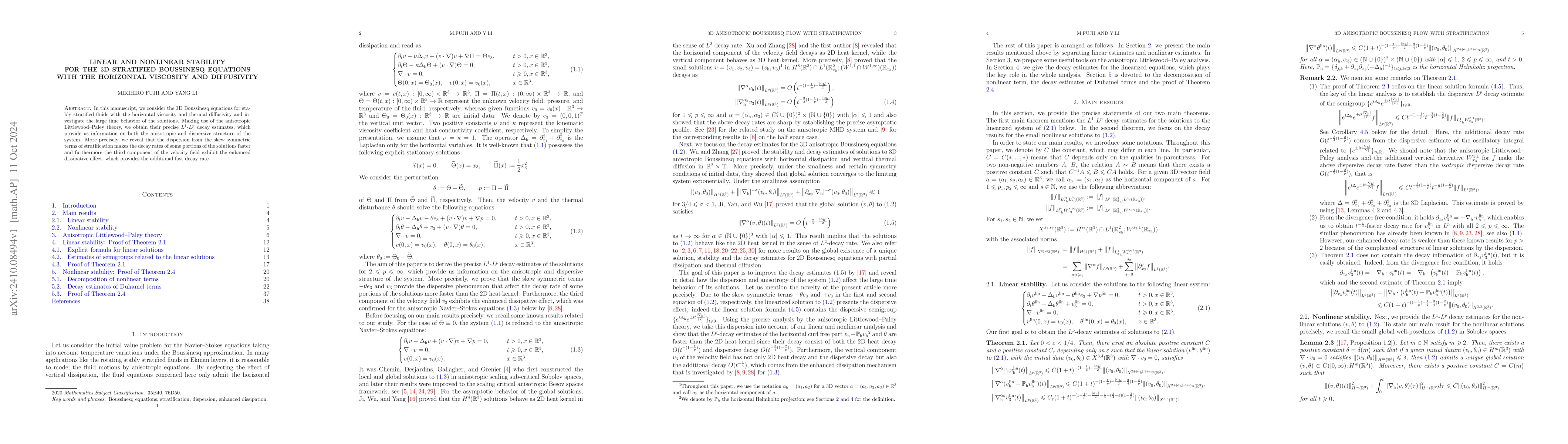 Thumbnail for Linear and nonlinear stability for the $3$D stratified Boussinesq
  equations with the horizontal viscosity and diffusivity