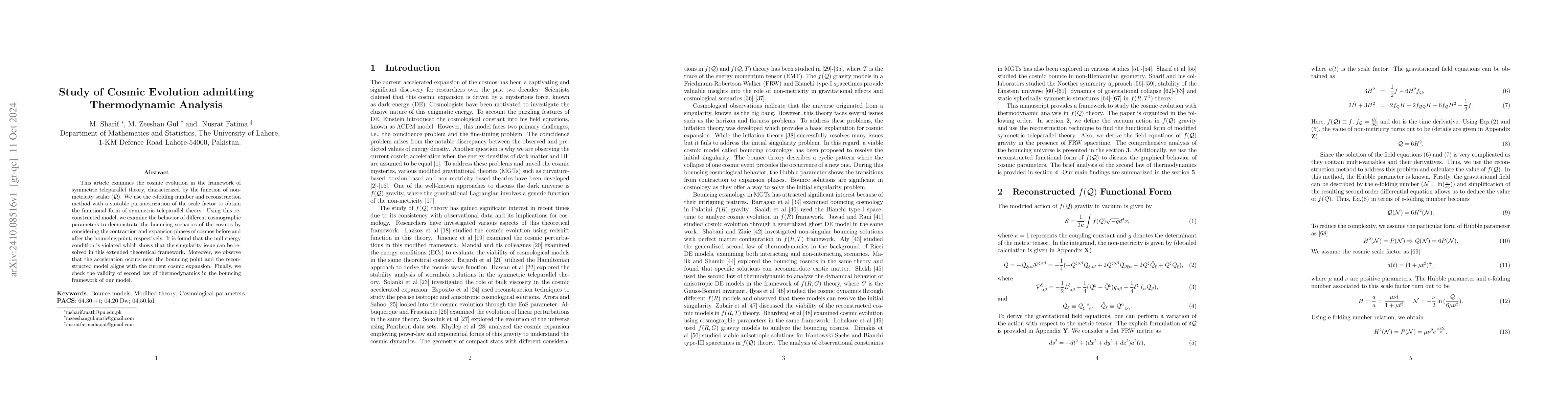 Thumbnail for Study of Cosmic Evolution admitting Thermodynamic Analysis