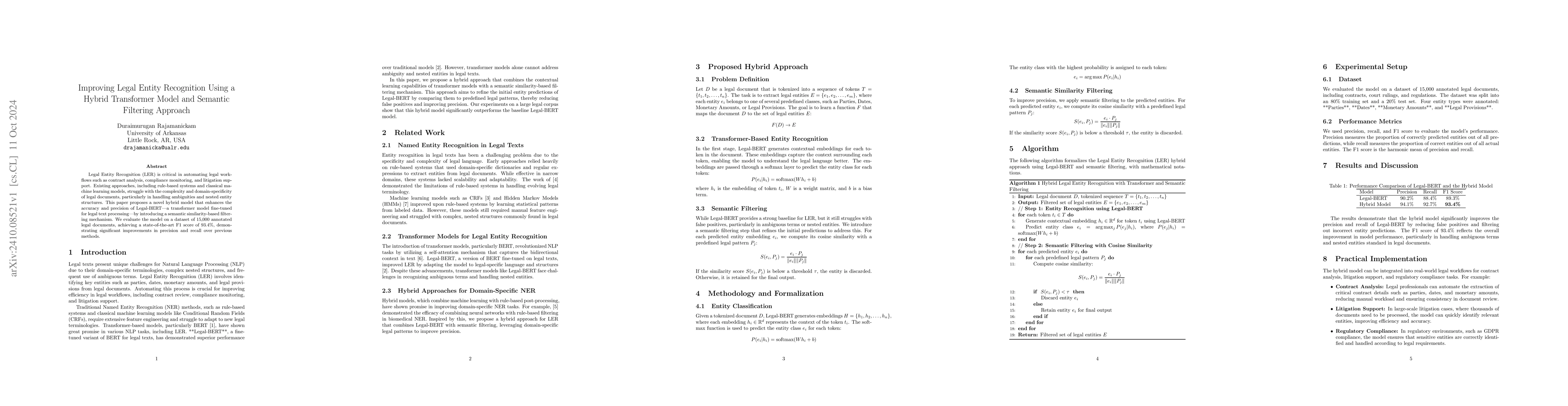 Thumbnail for Improving Legal Entity Recognition Using a Hybrid Transformer Model and
  Semantic Filtering Approach