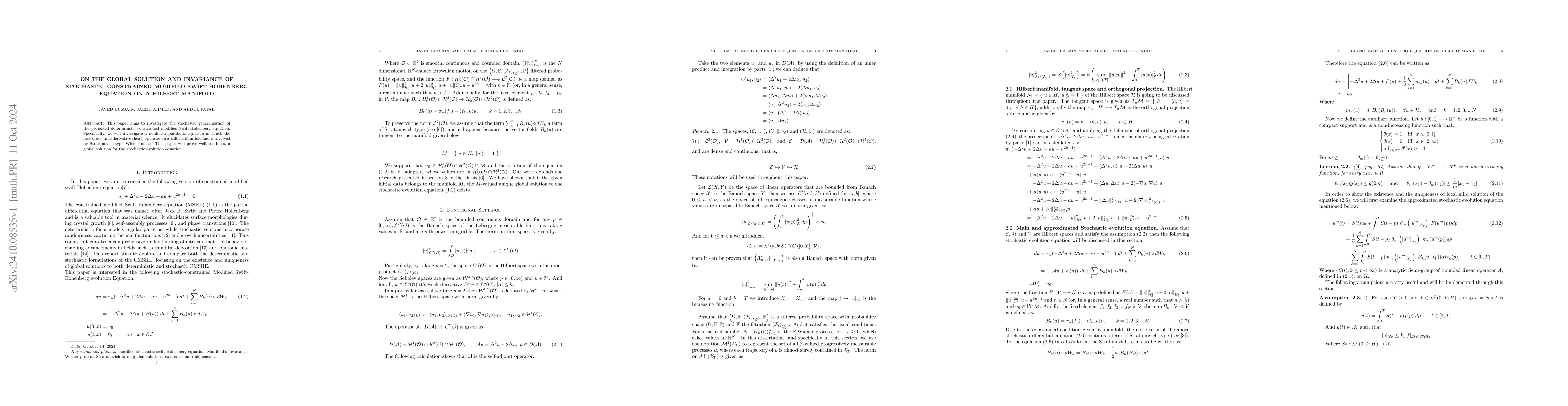 Thumbnail for On the Global solution and Invariance of stochastic constrained Modified
  Swift-Hohenberg Equation on a Hilbert manifold