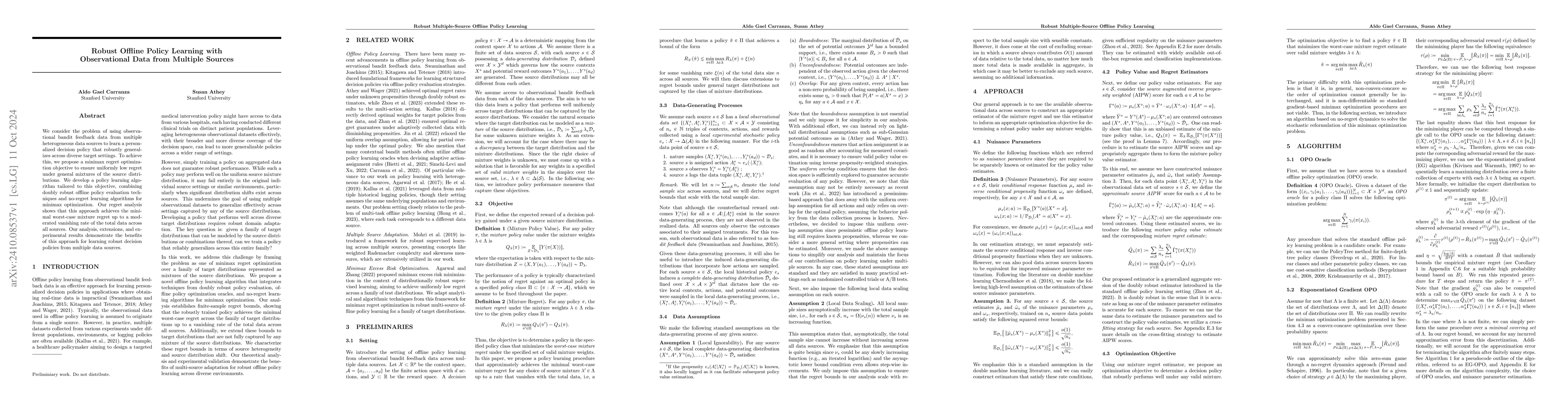 Thumbnail for Robust Offline Policy Learning with Observational Data from Multiple
  Sources