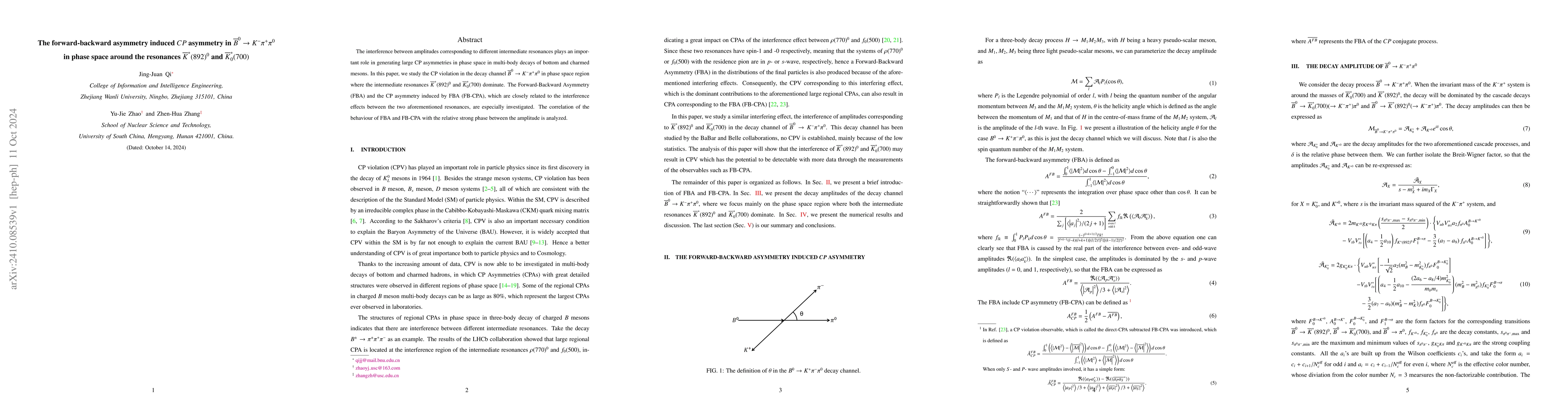 Thumbnail for The forward-backward asymmetry induced $CP$ asymmetry in
  ${\overline{B}}^{0}\rightarrow K^{-}π^{+}π^{0}$ in phase space around the
  resonances ${\overline{K}}^{*}(892)^{0}$ and ${\overline{K}}^{*}_{0}(700)$