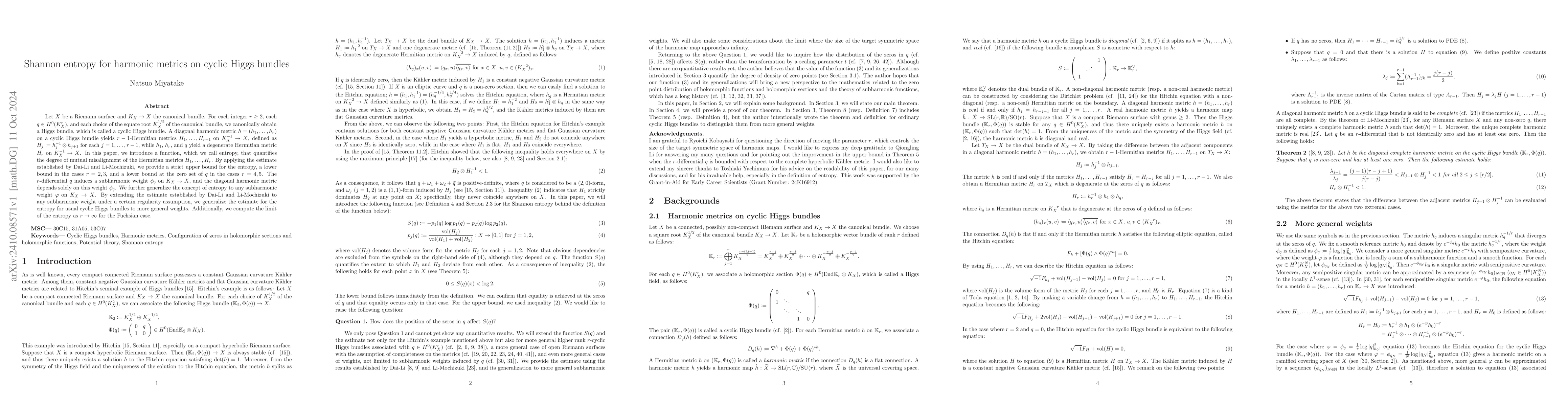 Thumbnail for Shannon entropy for harmonic metrics on cyclic Higgs bundles