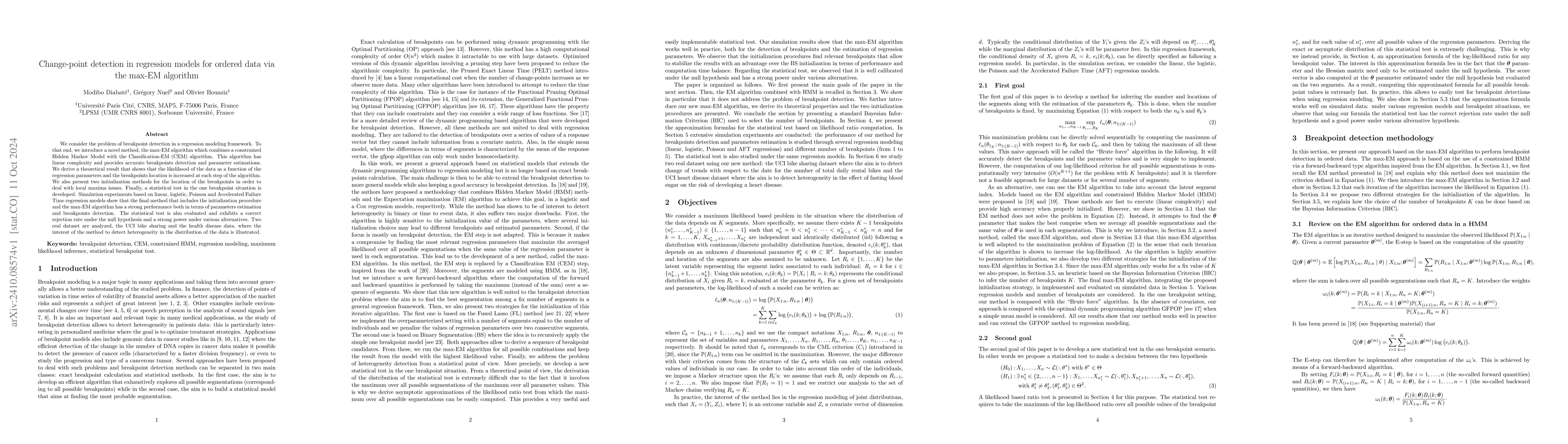 Thumbnail for Change-point detection in regression models for ordered data via the
  max-EM algorithm
