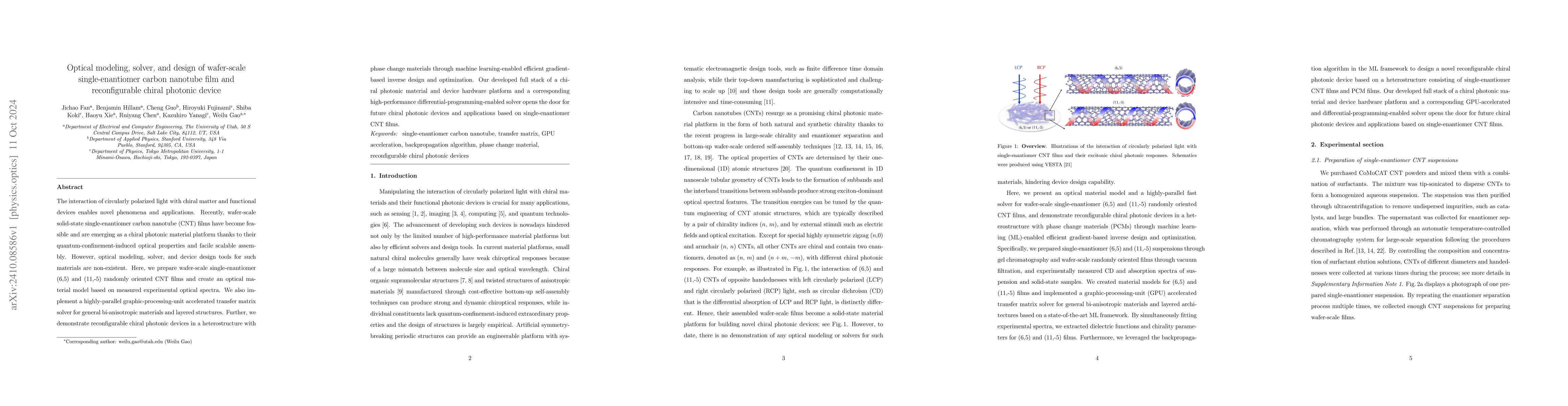 Thumbnail for Optical modeling, solver, and design of wafer-scale single-enantiomer
  carbon nanotube film and reconfigurable chiral photonic device
