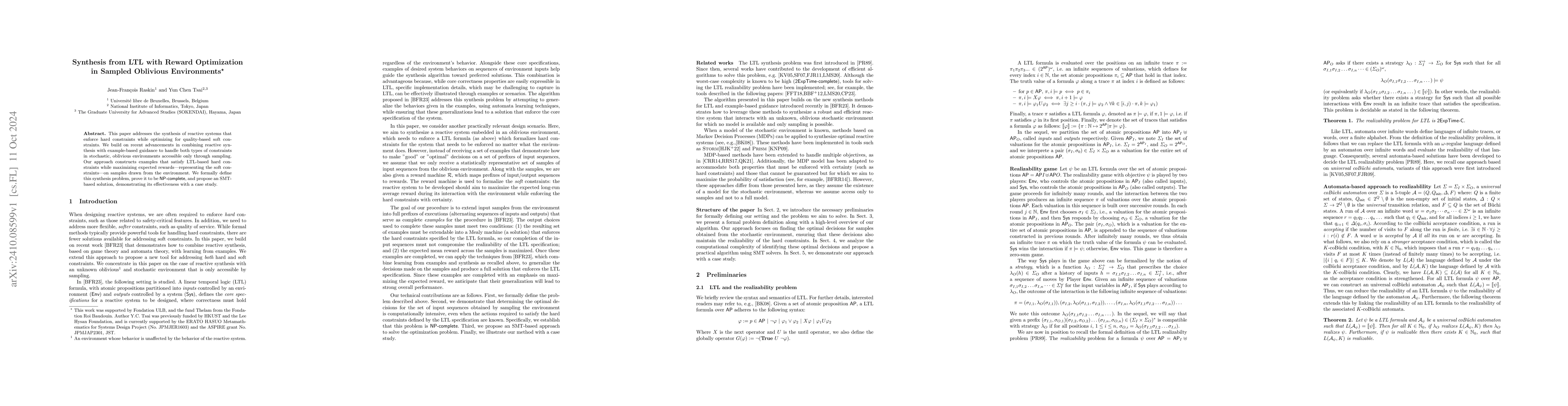 Thumbnail for Synthesis from LTL with Reward Optimization in Sampled Oblivious
  Environments